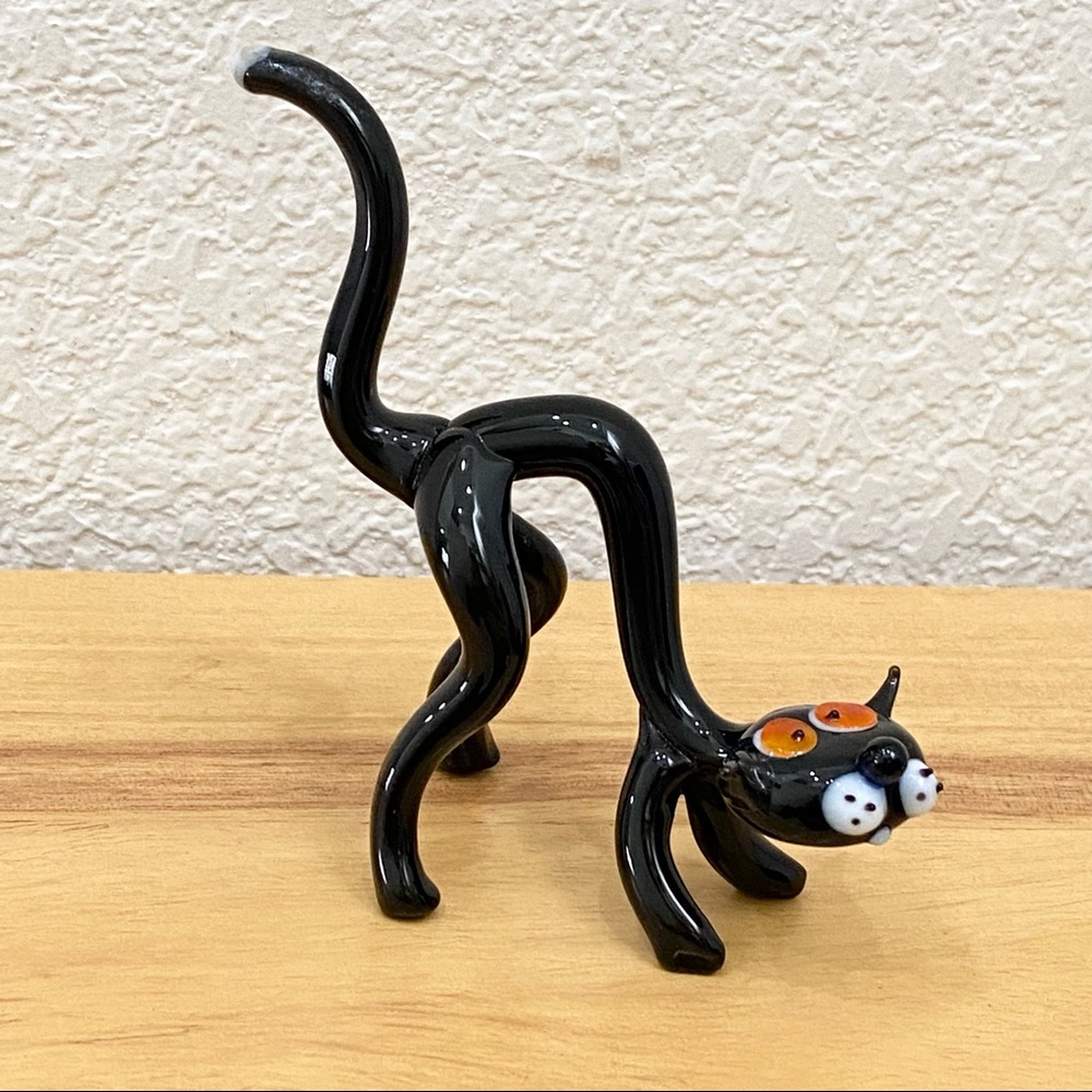 Vintage Murano Style Scary Black Cat Art Glass 4” Figurine
